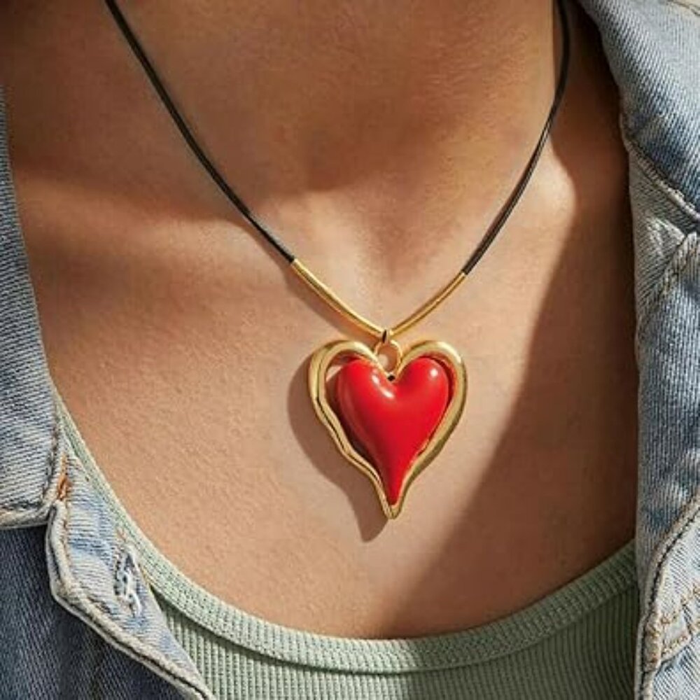 Y2k Heart Necklace Leather‎ Rope Chain Chunky Big Red Heart Statement Fashion